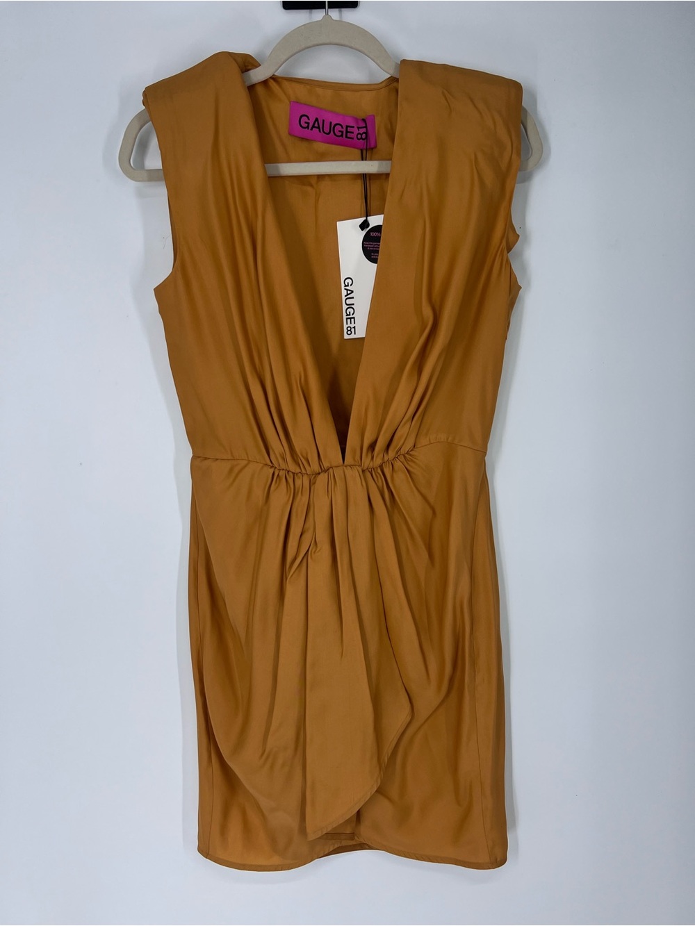 GAUGE81 100% Silk Satin Mustard Gold Deep V-Neck Light Designer Mini Dress L NWT